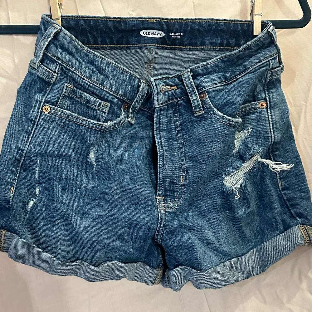 Blue denim, distressed, high waisted mom shorts
